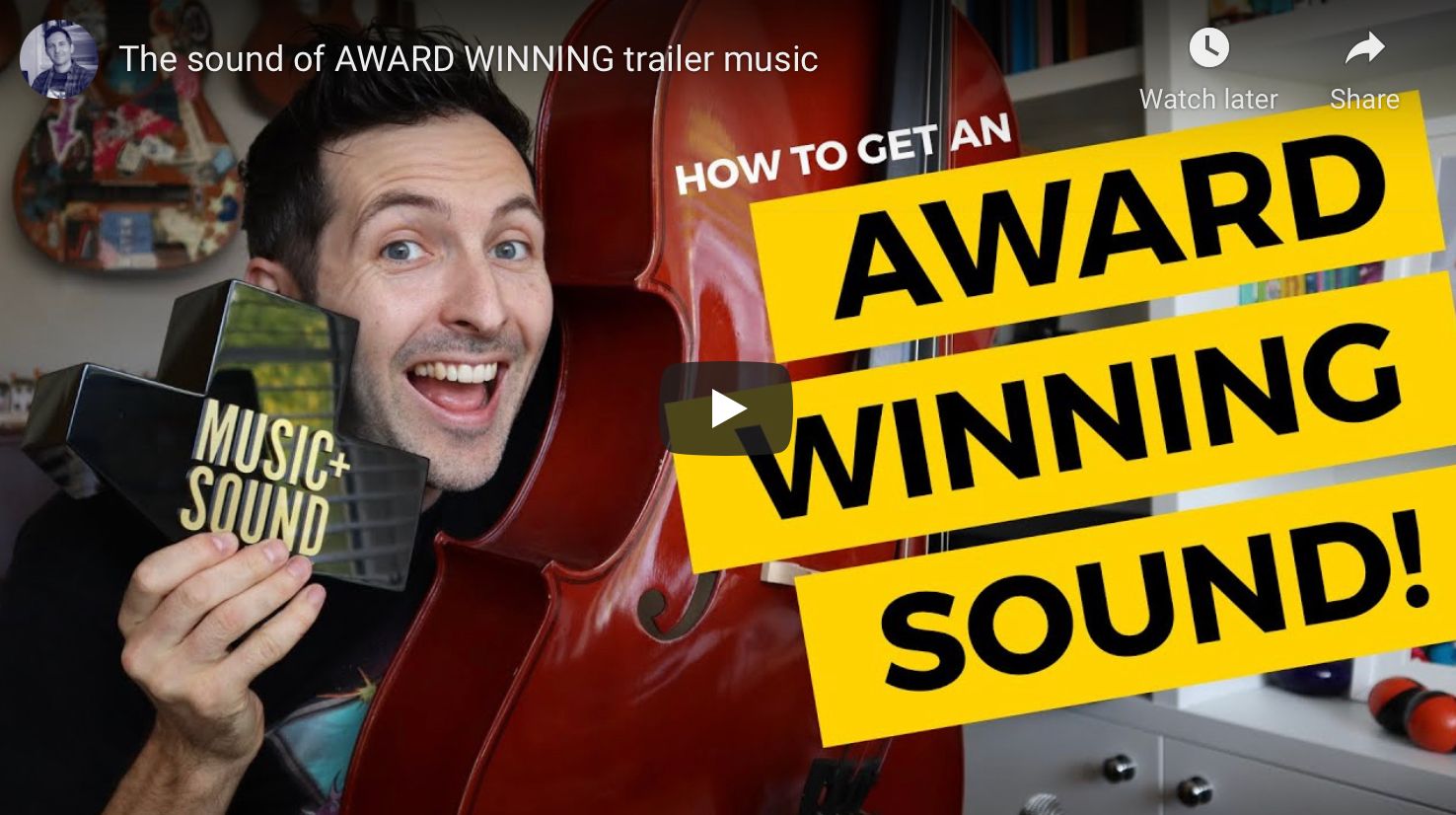 Thumbnail of Richard Pryn holding a Music+Sound award beside a cello with the words How to get an award winning sound