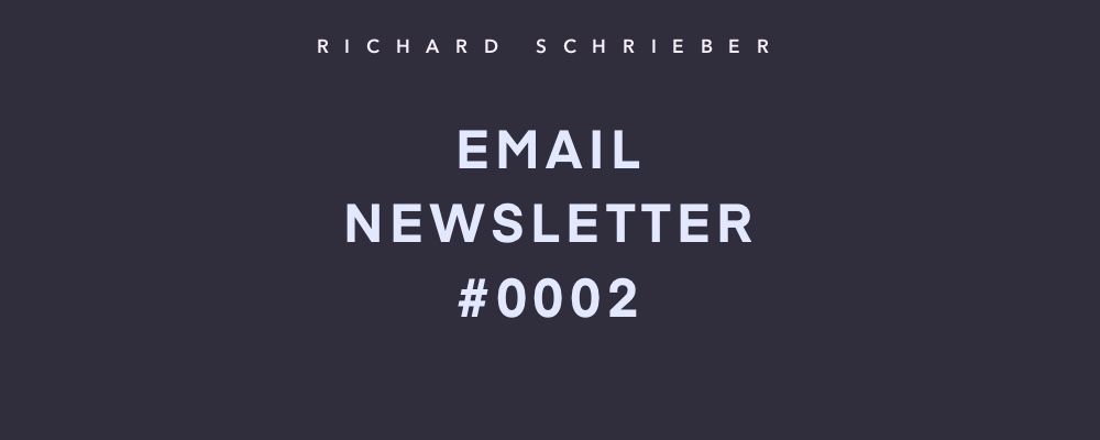 Dark navy banner reading Richard Pryn Email Newsletter #0002