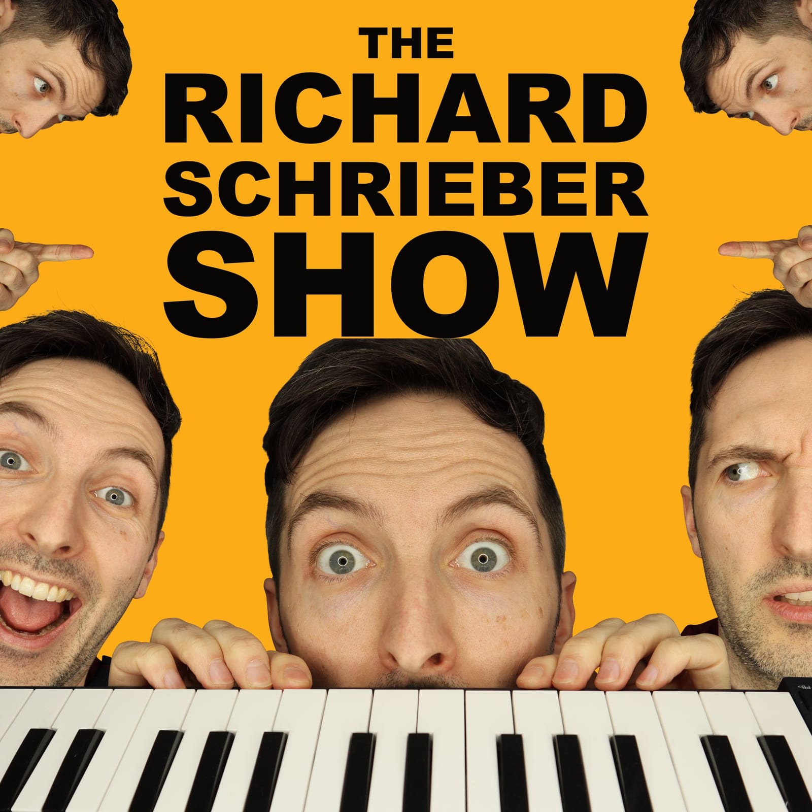 The Richard Pryn Show podcast artwork: Richard Pryn peering over a keyboard on an orange background