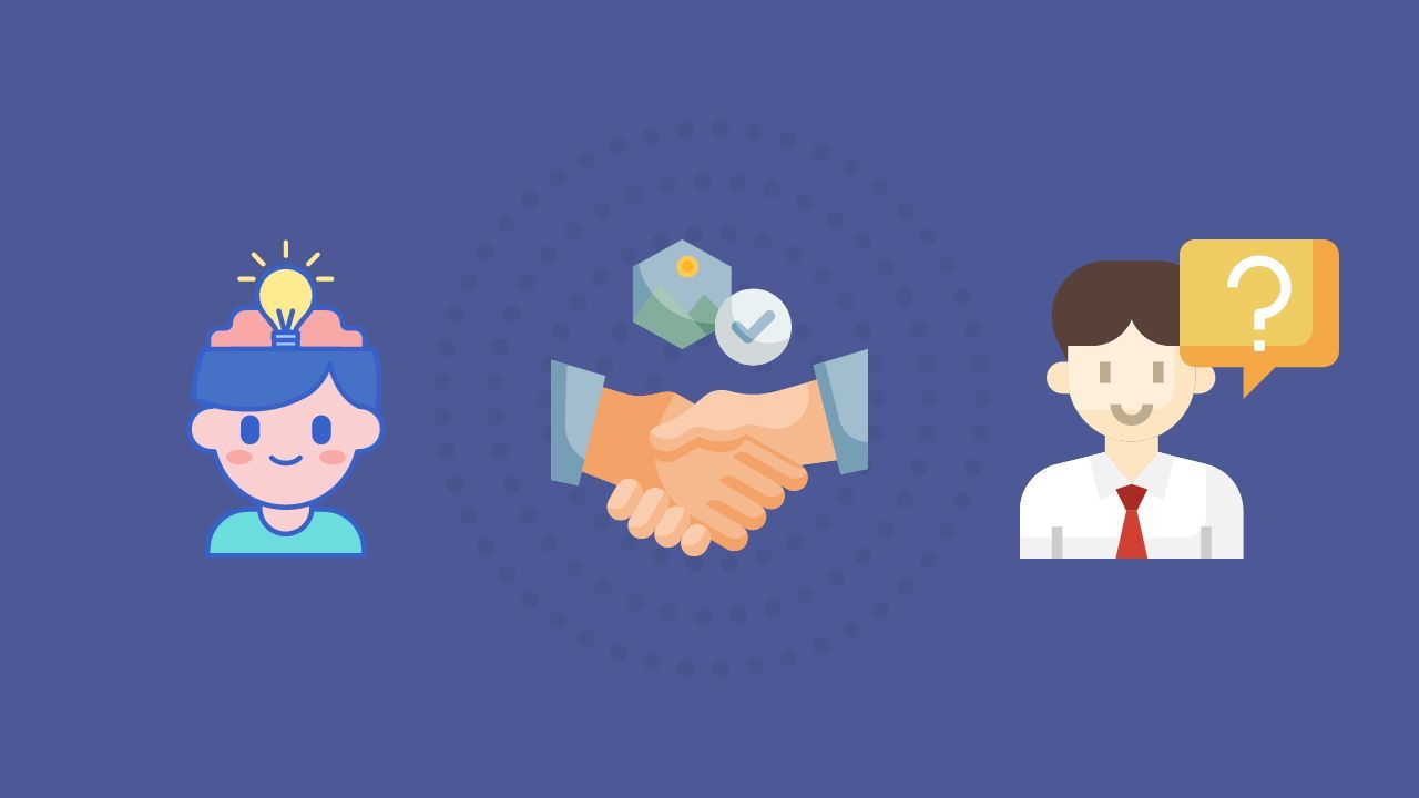 Illustration of a person with a lightbulb idea, a handshake and a man with a question mark speech bubble