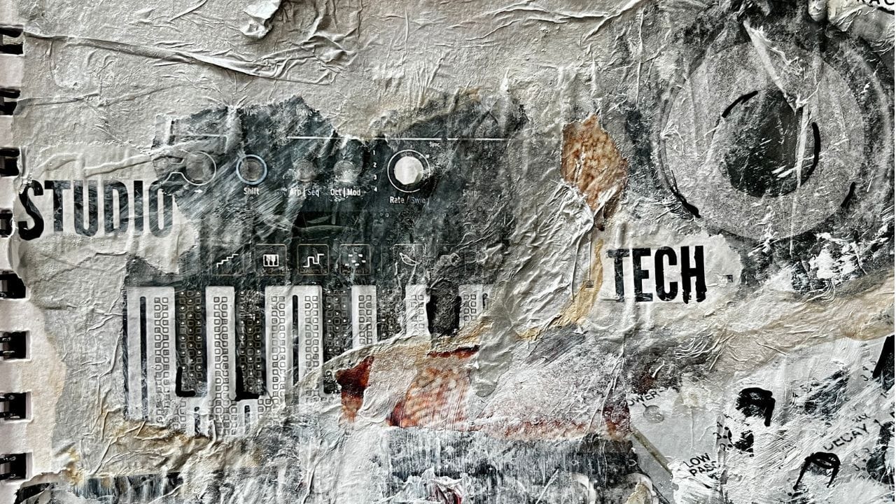 Mixed-media collage of a synth control panel with the words Studio and Tech, by Deborah Pryn