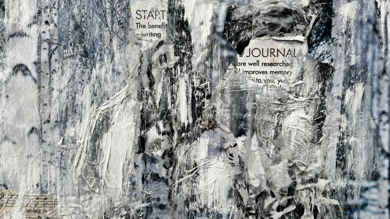 Black and white mixed-media collage of birch trees with torn text reading Start and Journal