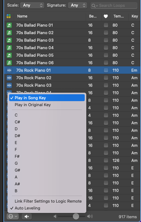 How To Change The Key Of A Loop In Logic Pro X - Select Play in Song Key
