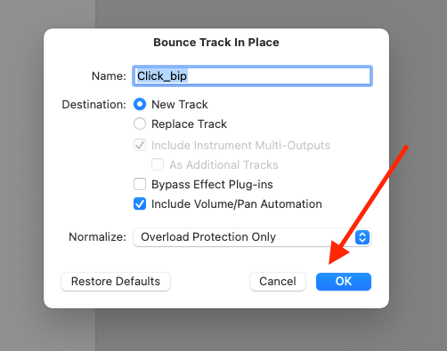 How to Create a Click Track In Logic Pro X - click ok to bounce the metronome track in place