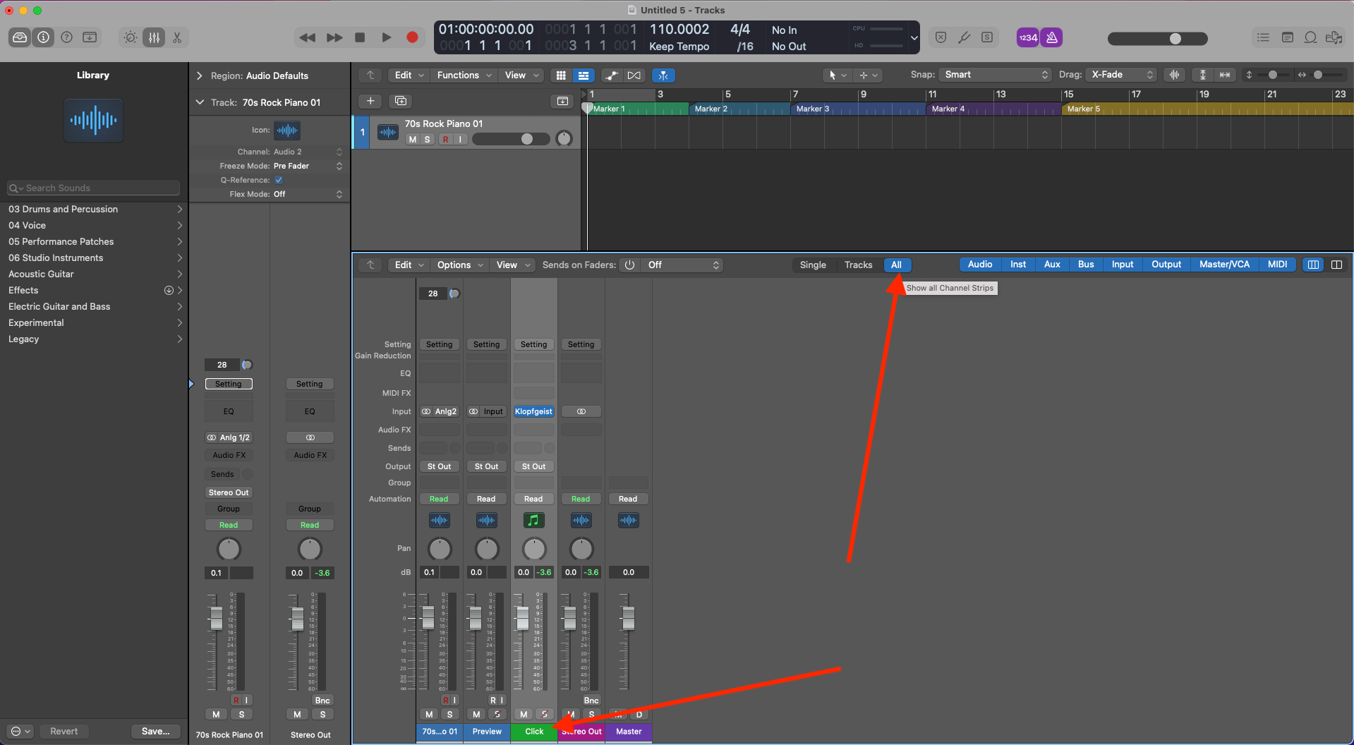 How to Create a Click Track In Logic Pro X - click on All to show all the channels