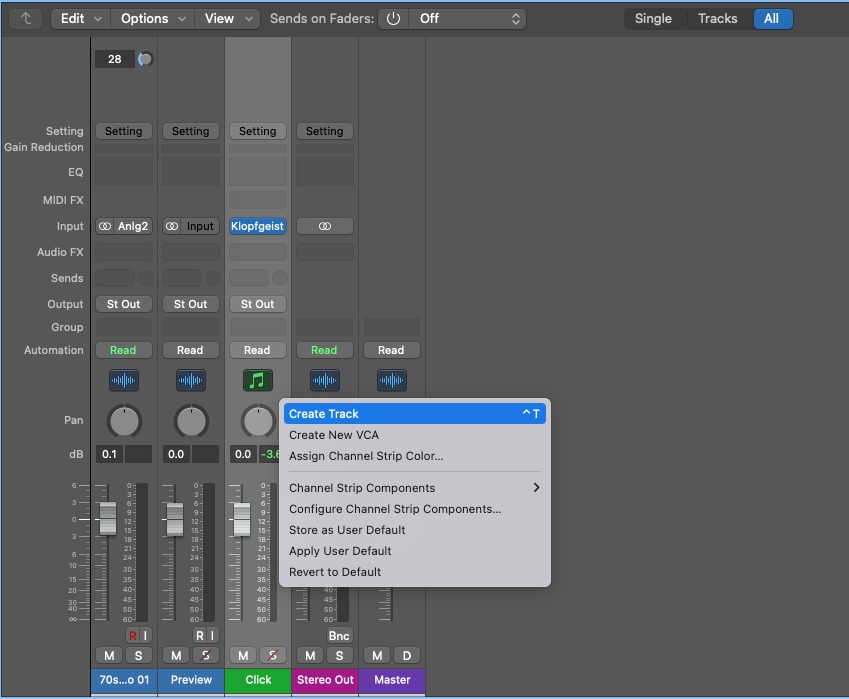 How to Create a Click Track In Logic Pro X - richt click on the click channel and select create a track