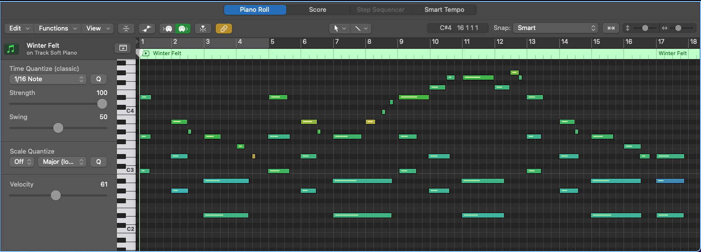 When writing for the piano make sure you vary the velocities to make it sound more realistic