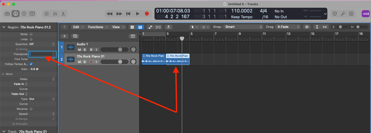 Transposing Apple Loops to Match Chord Changes - select the region and double-click on transpose