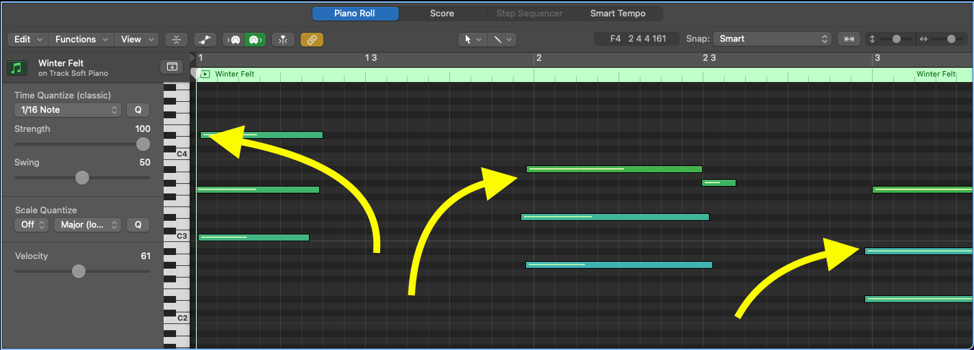 When writing music for the piano make sure you don't quantize 100% on the beat to allow it to sound more human