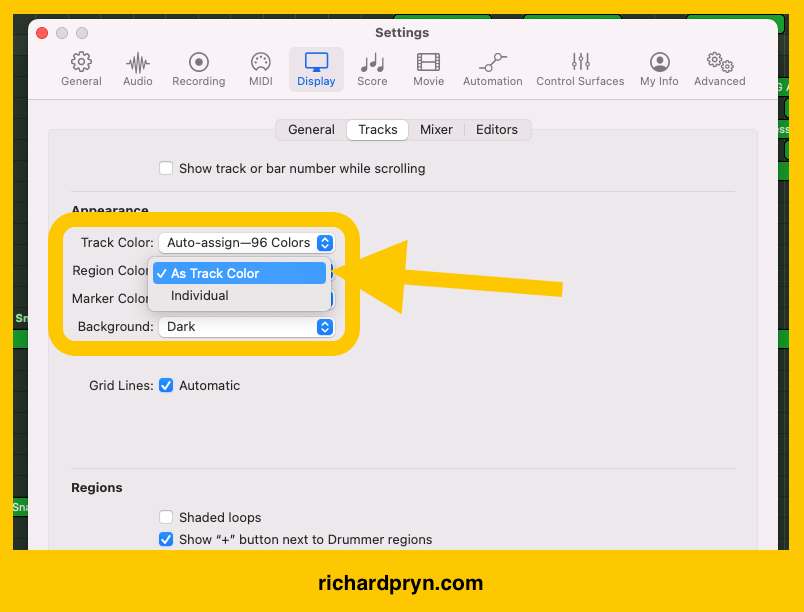 6. How to auto-assign track colours in Logic - Region colors