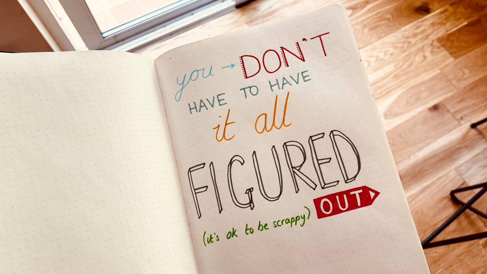 Hand-lettered notebook page reading You don't have to have it all figured out (it's ok to be scrappy)