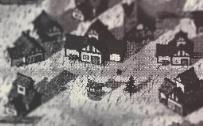 Grainy black and white still of a tiny tilt-shift village from the game O EMPIRE! WARD OFF THY ROT