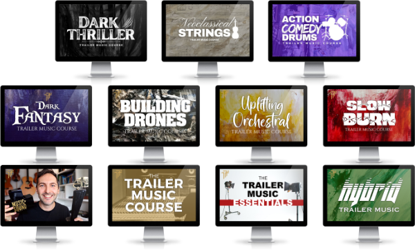 The twelve courses in the Trailer Music Master bundle shown on screens
